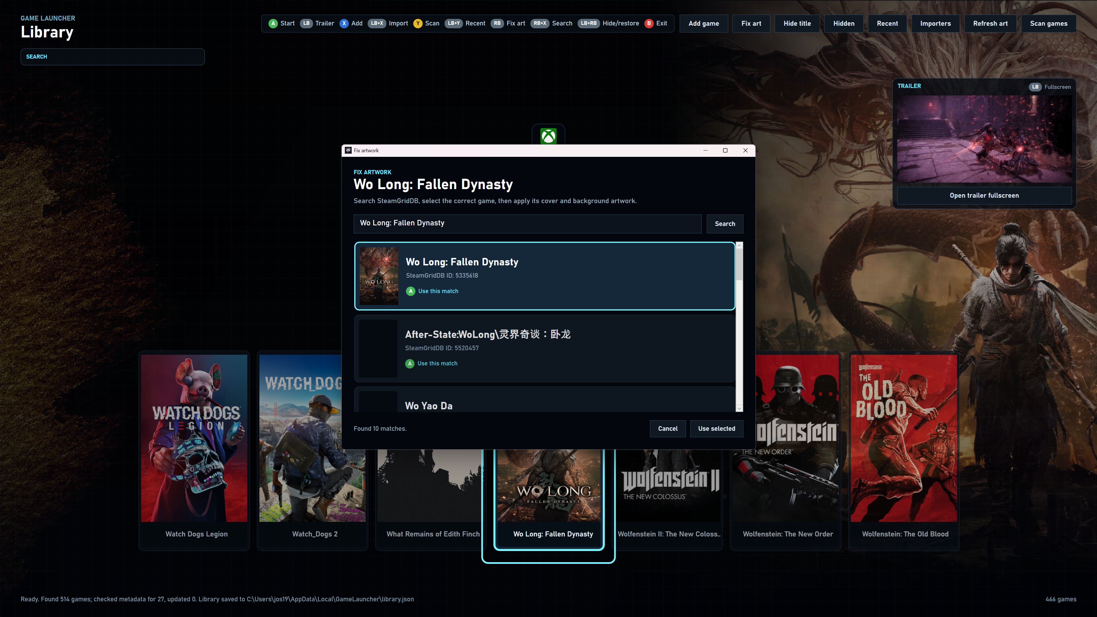 Josties Game Launcher artwork repair window with SteamGridDB matches