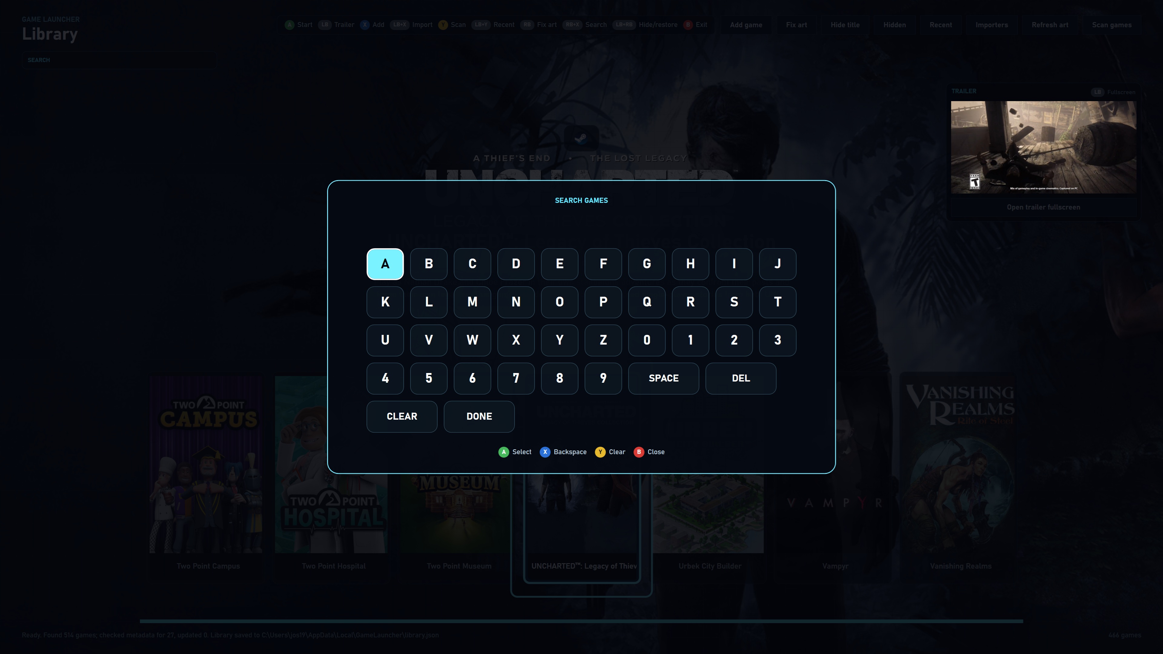 Josties Game Launcher search overlay on the game library